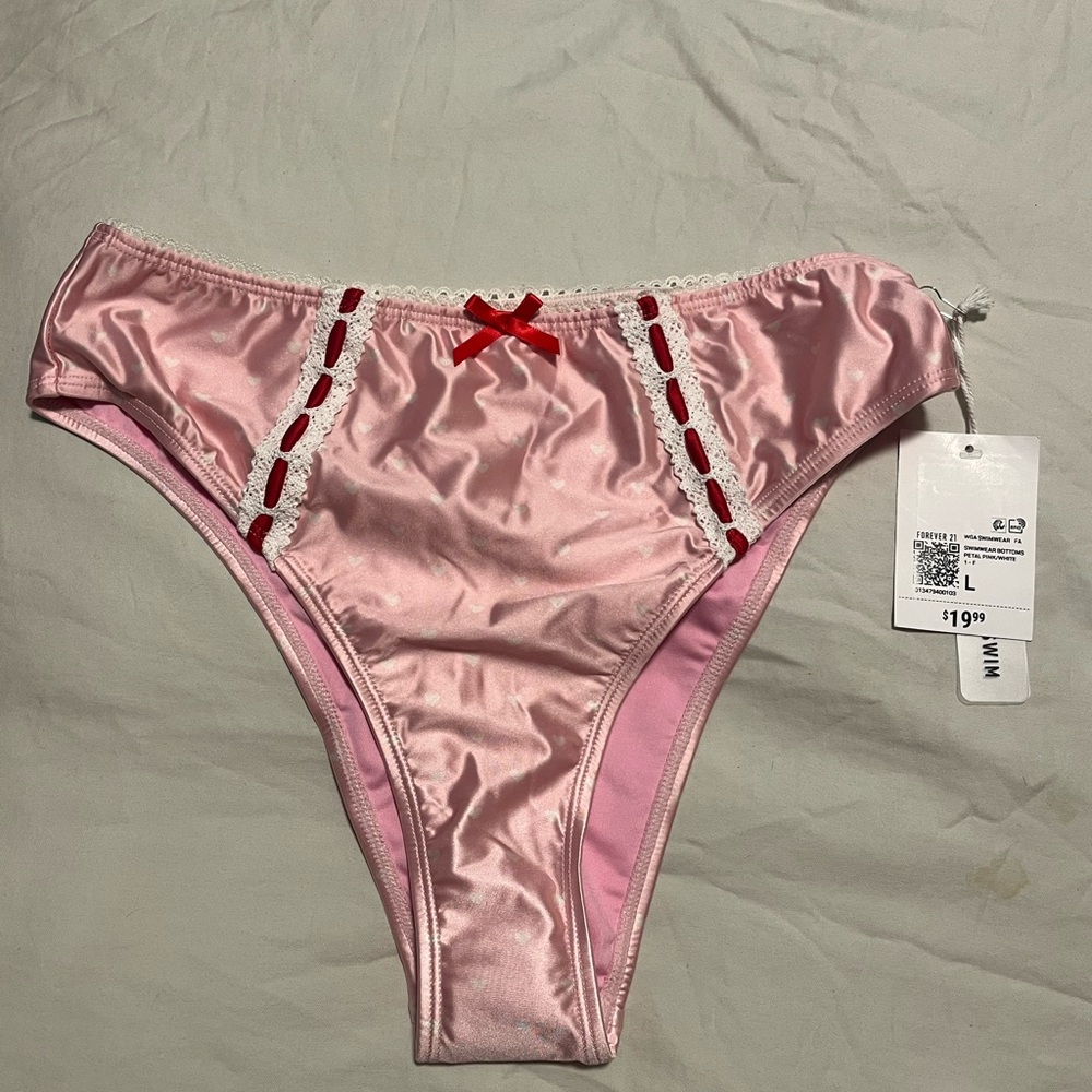 Forever 21 Pink Satin Bikini Bottoms with Red Bow